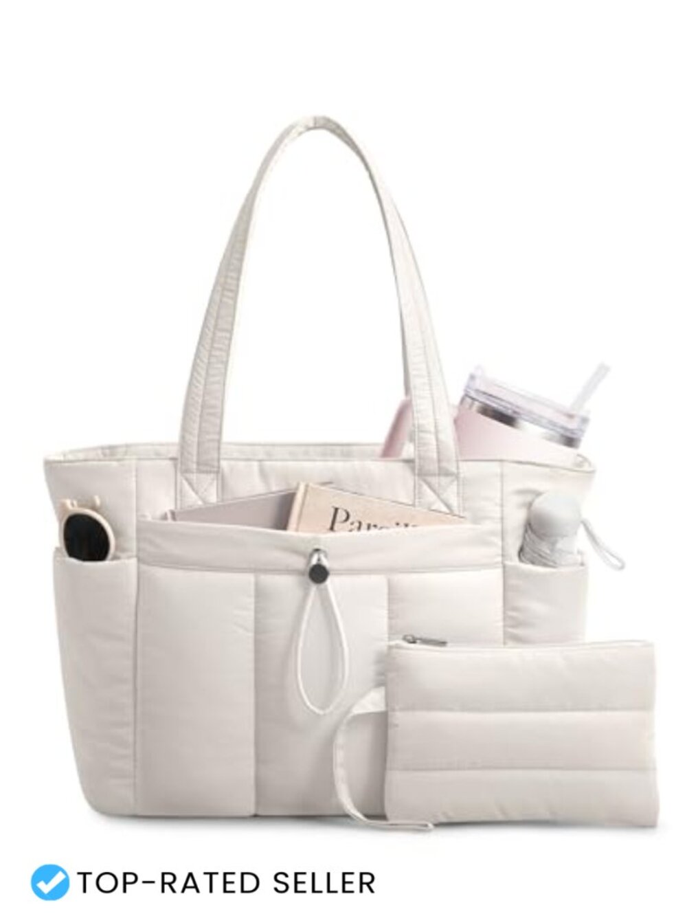 Puffy Tote Bag with Cup Holder & Laptop Compartment & Trolley Sleeve